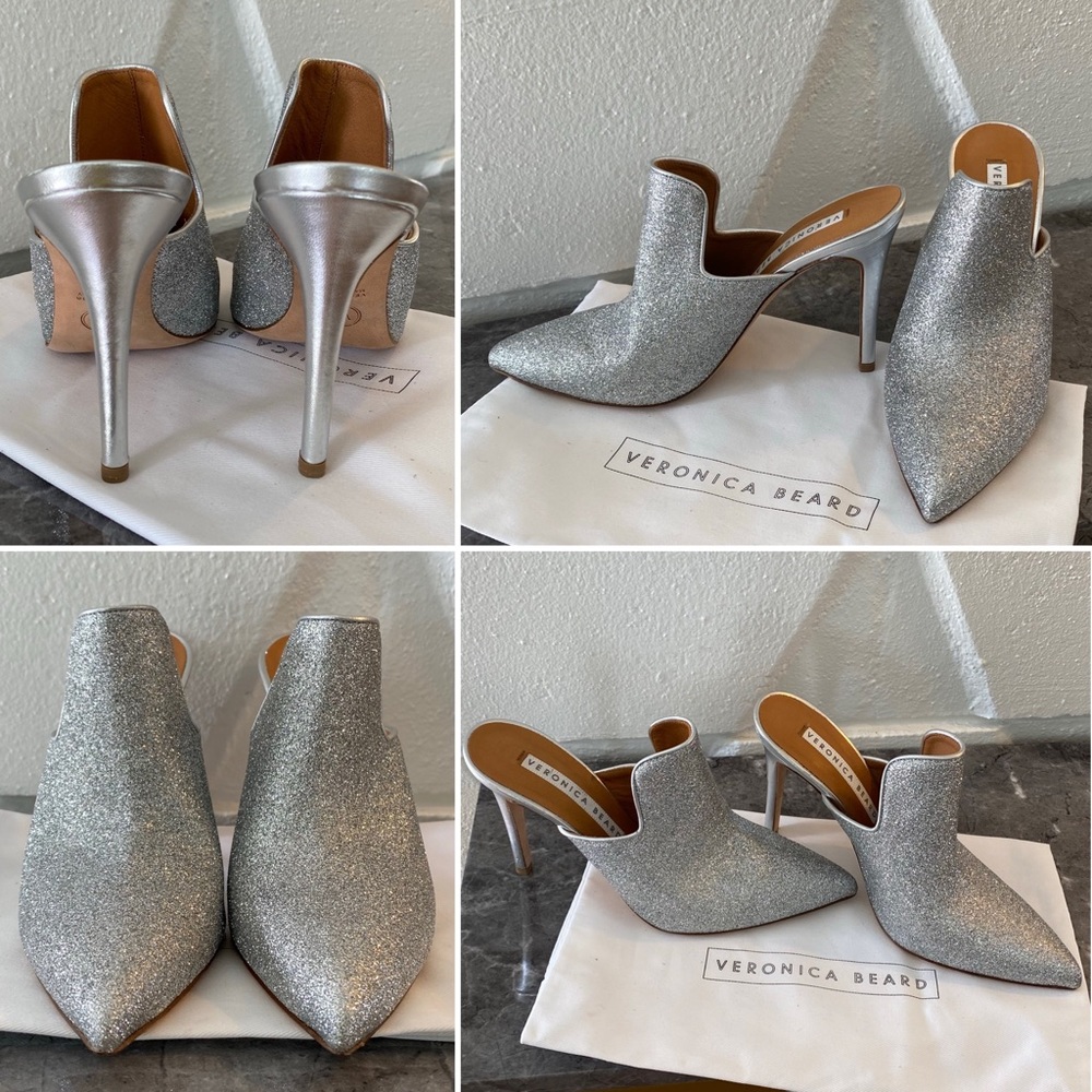 🔥$500 VERONICA BEARD🔥 Perfect “Penn” Mules Silver Glittered - Picture 7 of 16